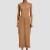 Button Midi Skirt In Camel