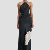 Chain Halter Gown In Dark Navy Floral Print