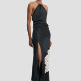 Chain Halter Gown In Dark Navy Floral Print