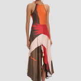 Halter Neck Midi Dress In Abstract Dark Earth