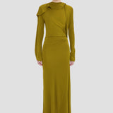 Closed Neck Drape Gown In Moss