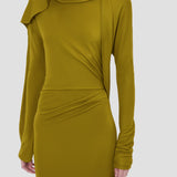 Closed Neck Drape Gown In Moss